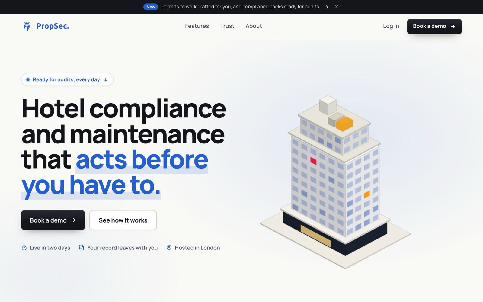 PropSec home page: hotel compliance and maintenance that acts before you have to